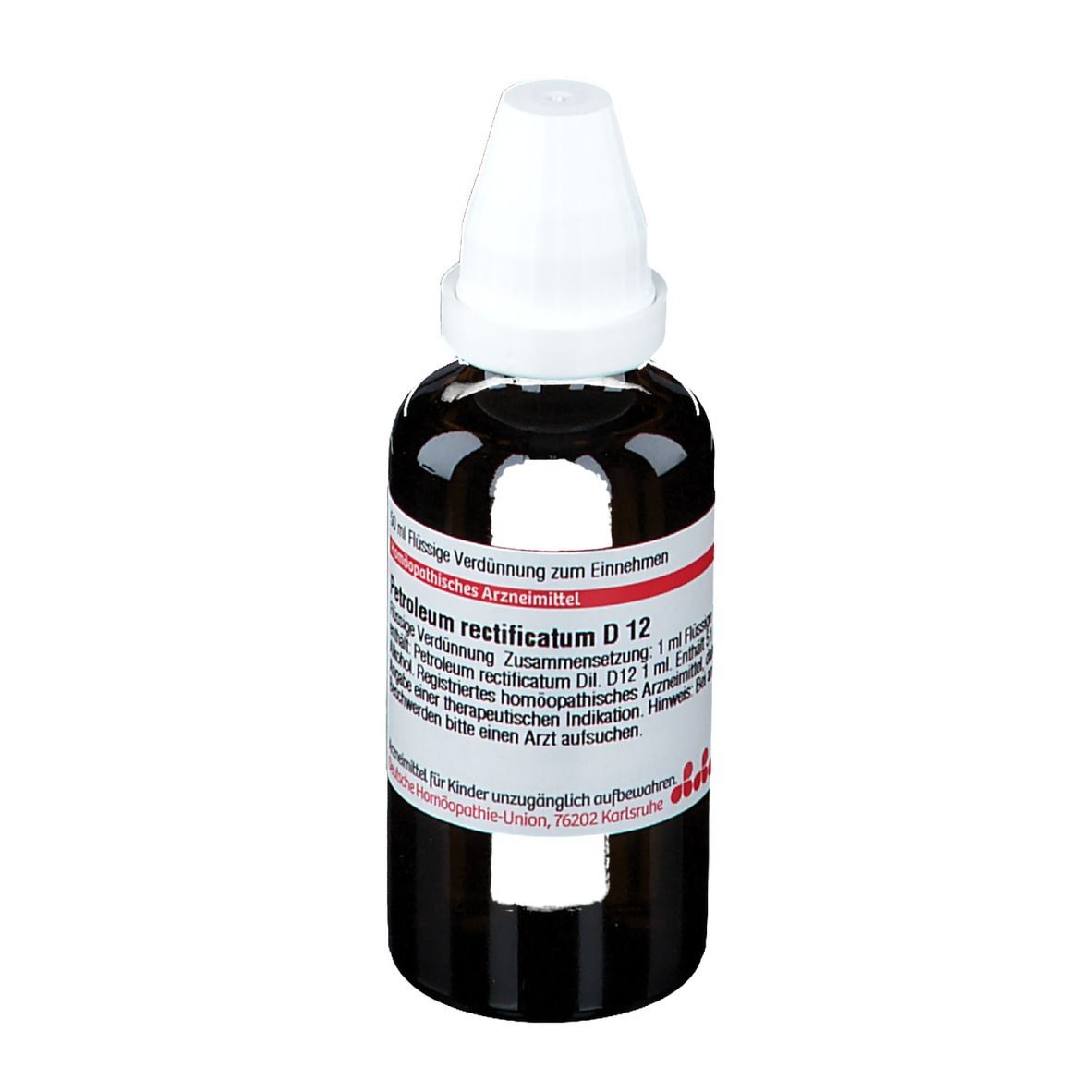 Braune Glasflasche mit weißem Verschluss. Etikett mit Produktinformationen. Aufschrift: Petroleum rectificatum D 12.