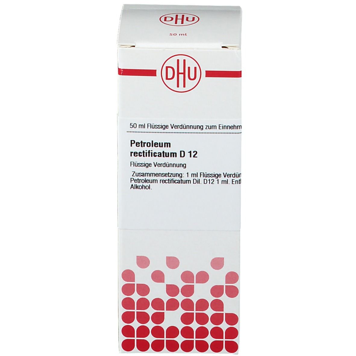 Produktverpackung. Weißer Karton mit Aufschrift: DHU, Petroleum rectificatum D 12.