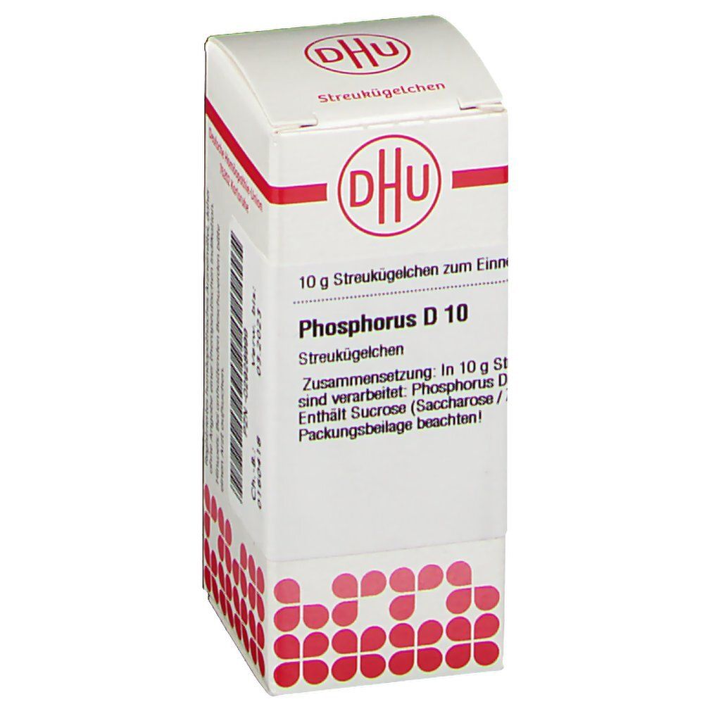 DHU Phosphorus D10-Schachtel. Aufschrift: 10 g Streukügelchen. Produktname und weitere Informationen.