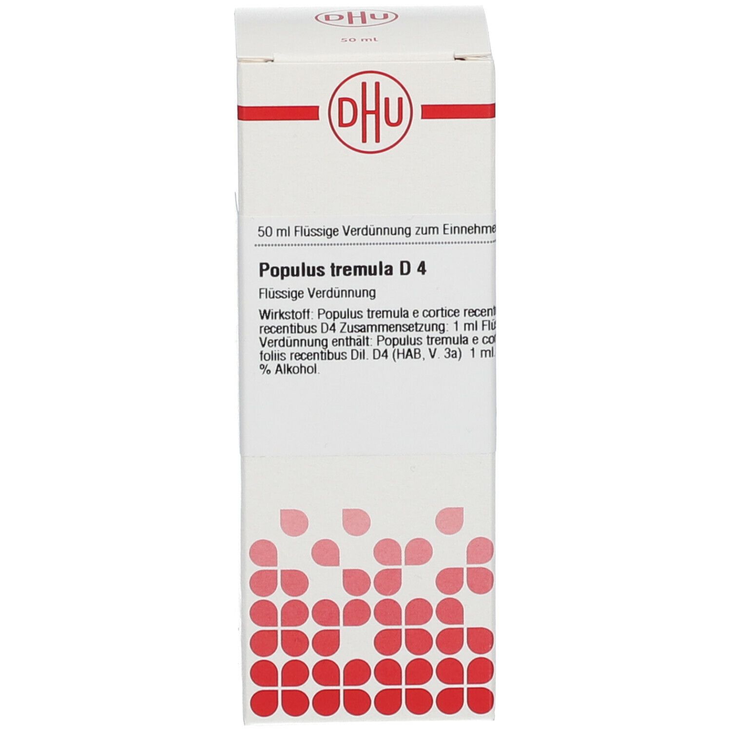 Weiße Verpackung mit rotem Logo und Produktinformationen. Beschriftung: DHU Populus tremula D4.