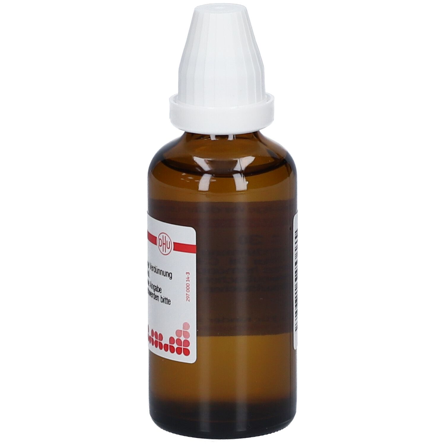 Braune Glasflasche mit weißem Verschluss. Etikett mit Text.