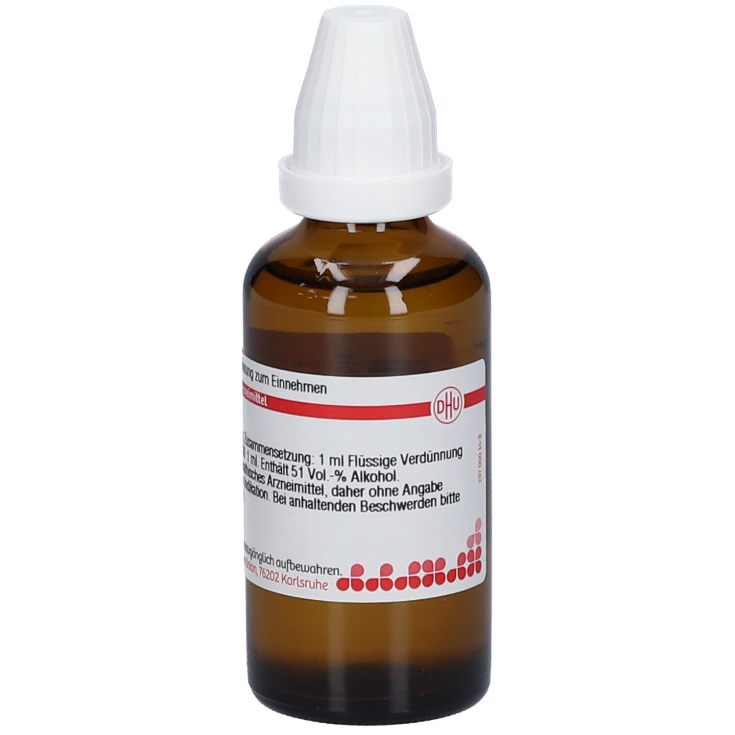 Braune Glasflasche mit weißem Verschluss. Etikett mit Text.