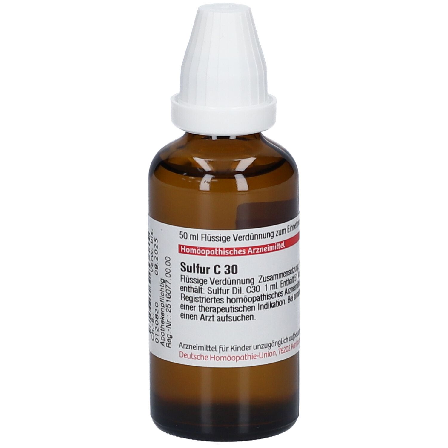 Braune Glasflasche mit weißem Verschluss. Etikett mit Text: Sulfur C 30, homöopathisches Arzneimittel.