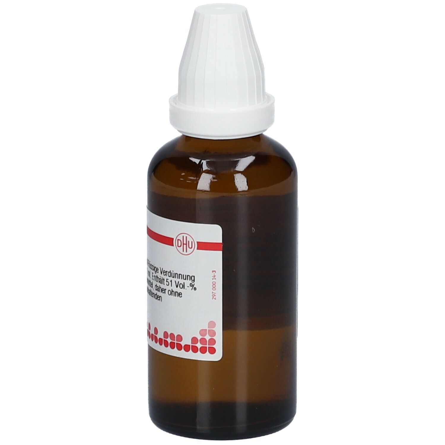 Braune Glasflasche mit weißem Verschluss. Etikett mit rotem DHU-Logo. Enthält 51 Vol.-% Alkohol. Ohne weitere Angaben.