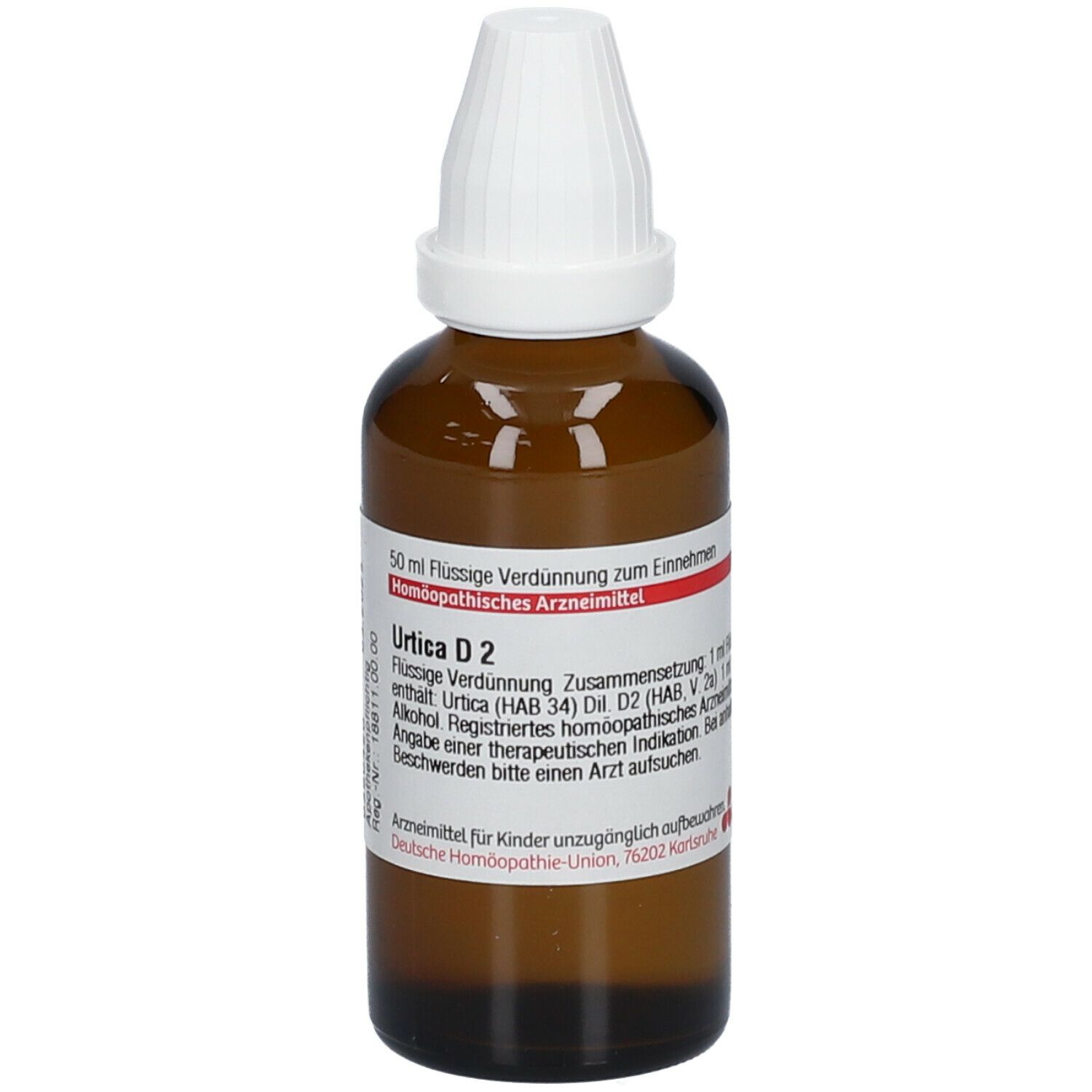 Braune Glasflasche mit weißem Verschluss. Beschriftung: DHU Urtica D2, 50 ml Flüssige Verdünnung. Apothekenpflichtig.