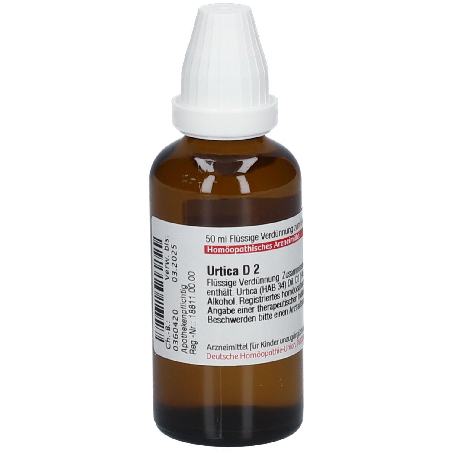 Braune Glasflasche mit weißem Verschluss. Beschriftung: DHU Urtica D2, 50 ml Flüssige Verdünnung. Verwendbar bis 03.2025.