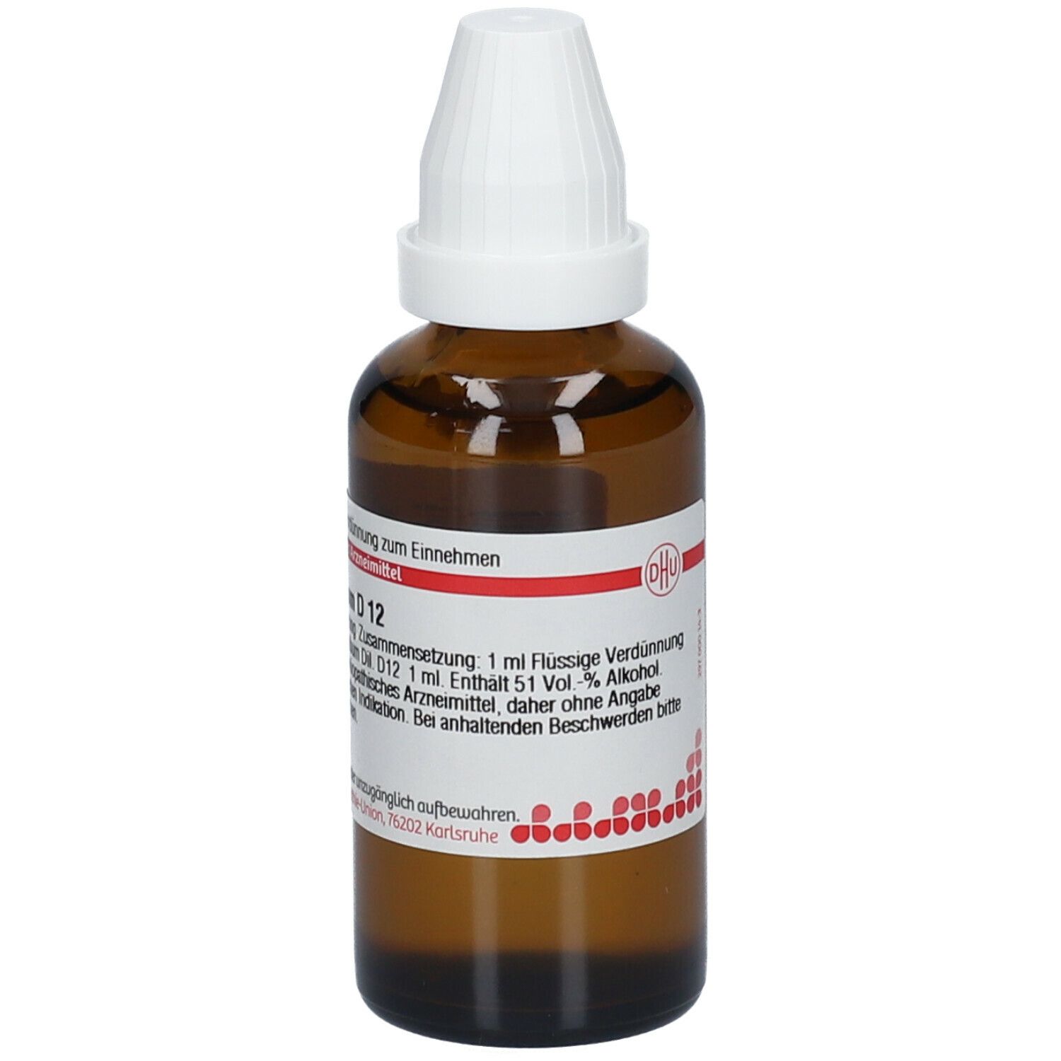 Braune Glasflasche mit weißem Verschluss. Beschriftung: Viscum album D12, 50 ml flüssige Verdünnung. Deutsche Homöopathie-Union.