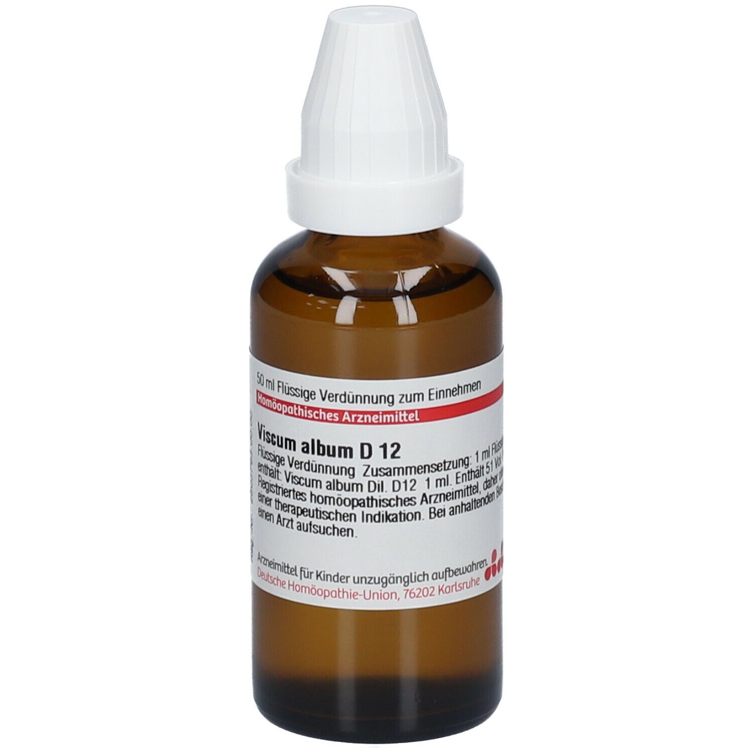 Braune Glasflasche mit weißem Verschluss. Beschriftung: Viscum album D12, 50 ml flüssige Verdünnung. Deutsche Homöopathie-Union.