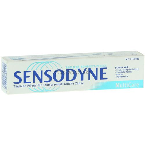 Zahnpflege-Verpackung. Aufschrift: SENSODYNE, MultiCare. Schützt vor Schmerzempfindlichkeit, Karies, Plaque und Parodontitis. Mit Fluorid.