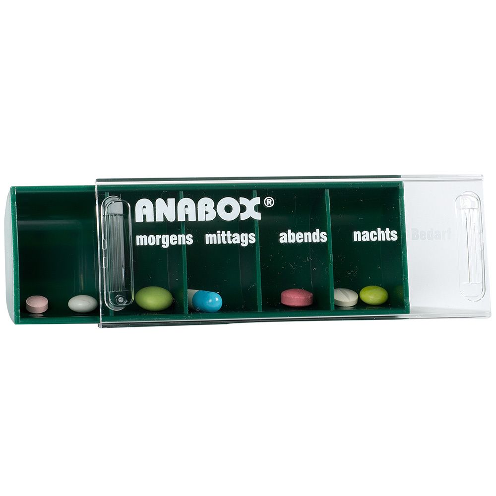 Grüne Tablettenbox mit Aufschrift ANABOX. Fächer für morgens, mittags, abends, nachts und Bedarf. Enthält Tabletten.