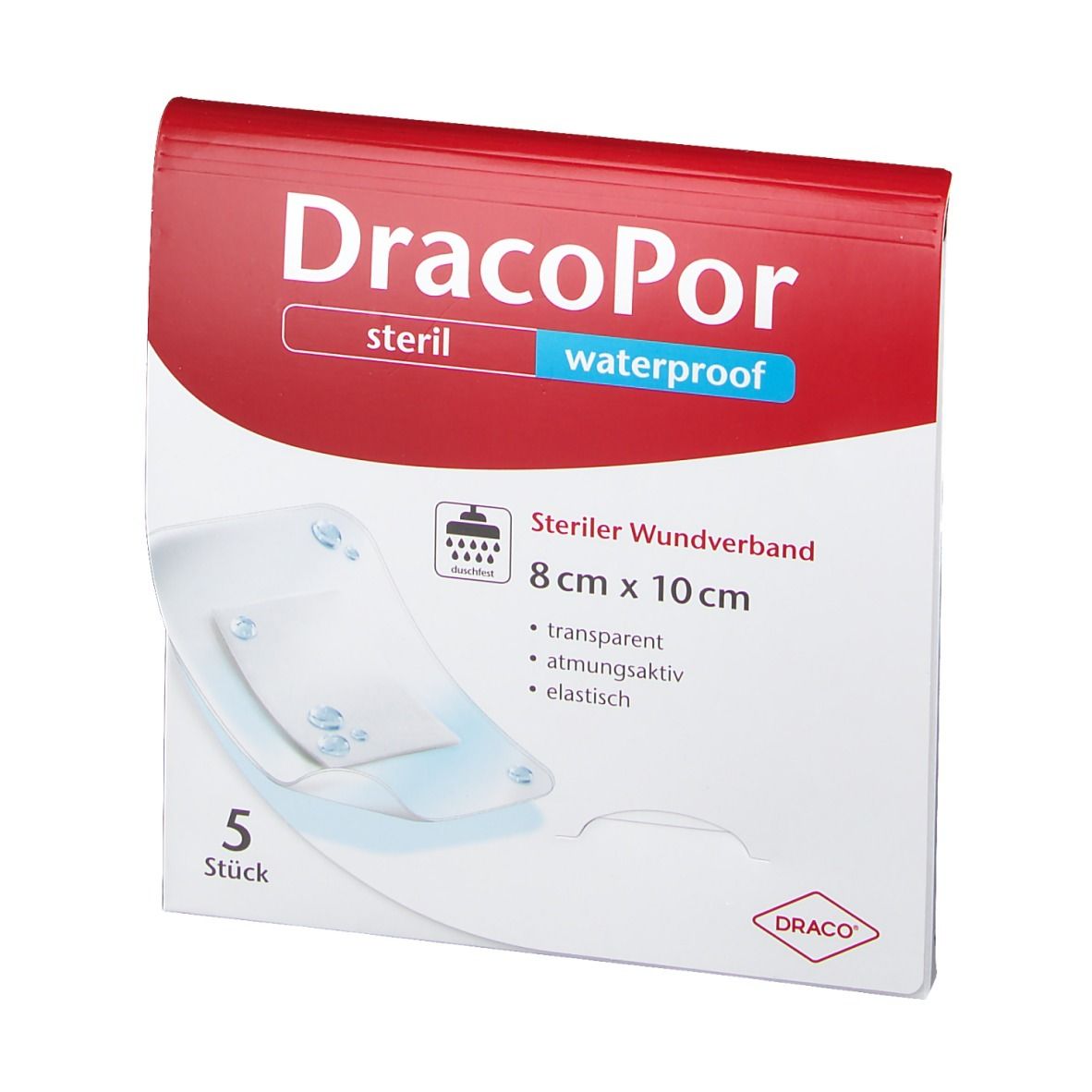 DRACOPOR Wundverband Verpackung, steril, wasserdicht. 5 Stück. Größe 8 x 10 cm. Transparent, atmungsaktiv, elastisch.