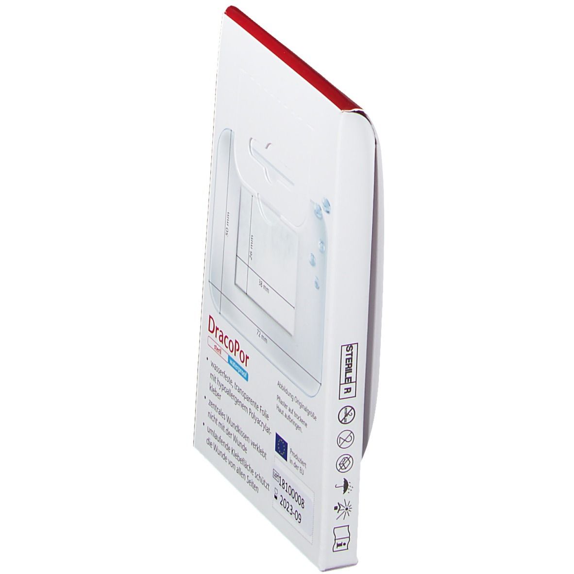 DracoPor Wundverband Verpackung. Seitenansicht mit Produktinformationen. Sterile Wundauflage, 5 x 7,2 cm. EU-Siegel. Warnhinweise.