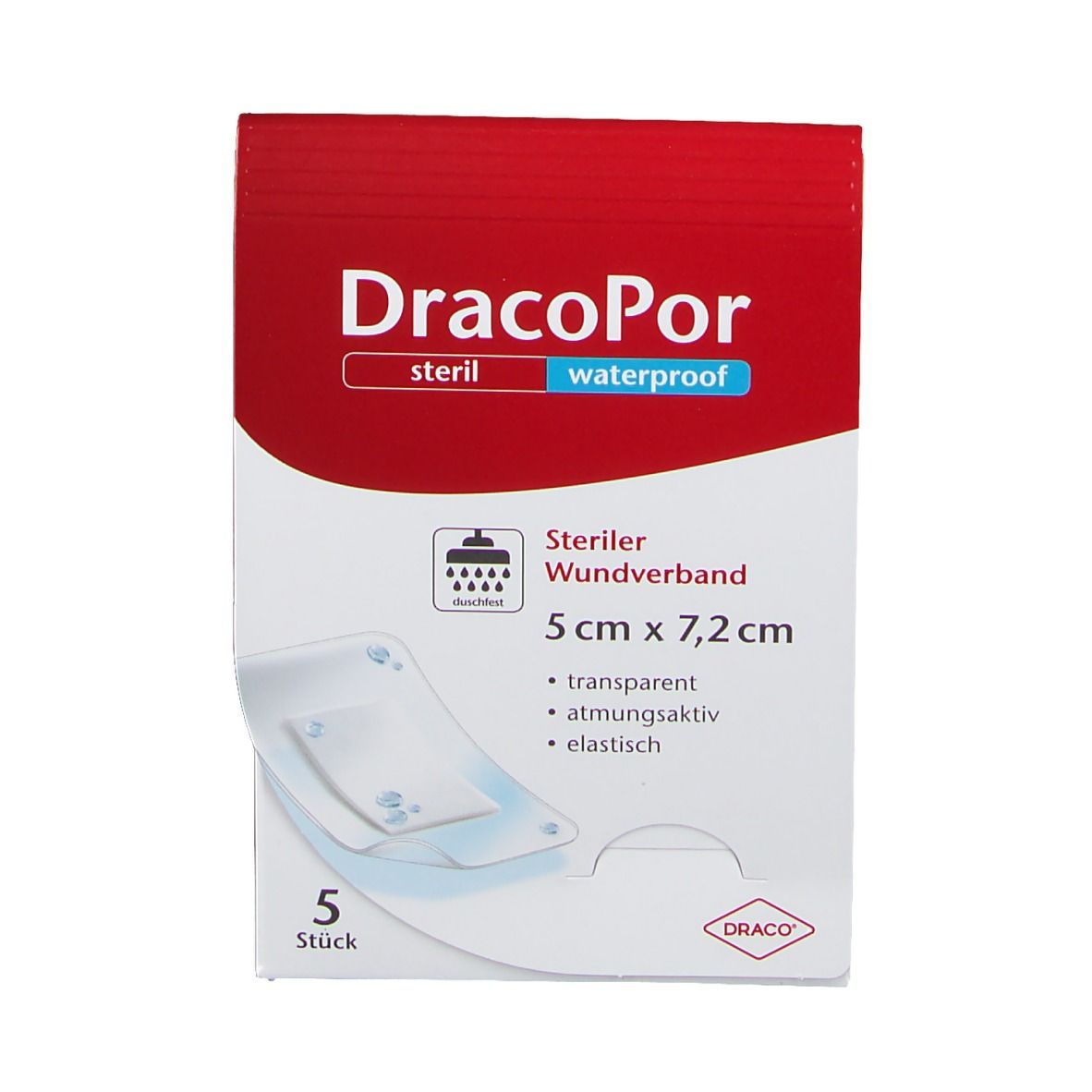 Verpackung von DracoPor Wundverband. Weiß-rote Schachtel mit Produktnamen, steril, waterproof. 5 Stück, 5 x 7,2 cm. Transparent, atmungsaktiv, elastisch.