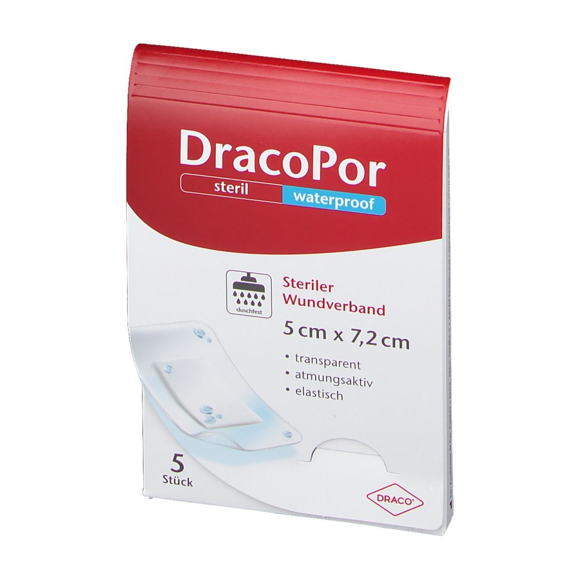 Verpackung von DracoPor Wundverband. Weiß-rote Schachtel mit Produktnamen, steril, waterproof. 5 Stück, 5 x 7,2 cm. Transparent, atmungsaktiv, elastisch.