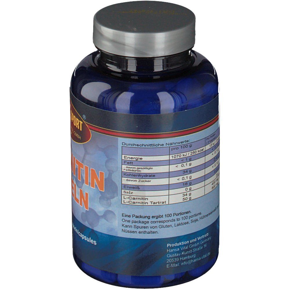 Blaue Flasche mit silbernem Deckel. Rückseite mit Nährwertangaben und Inhaltsstoffen. Text: L-Carnitin Kapseln. Marke: Hansa X Sport.