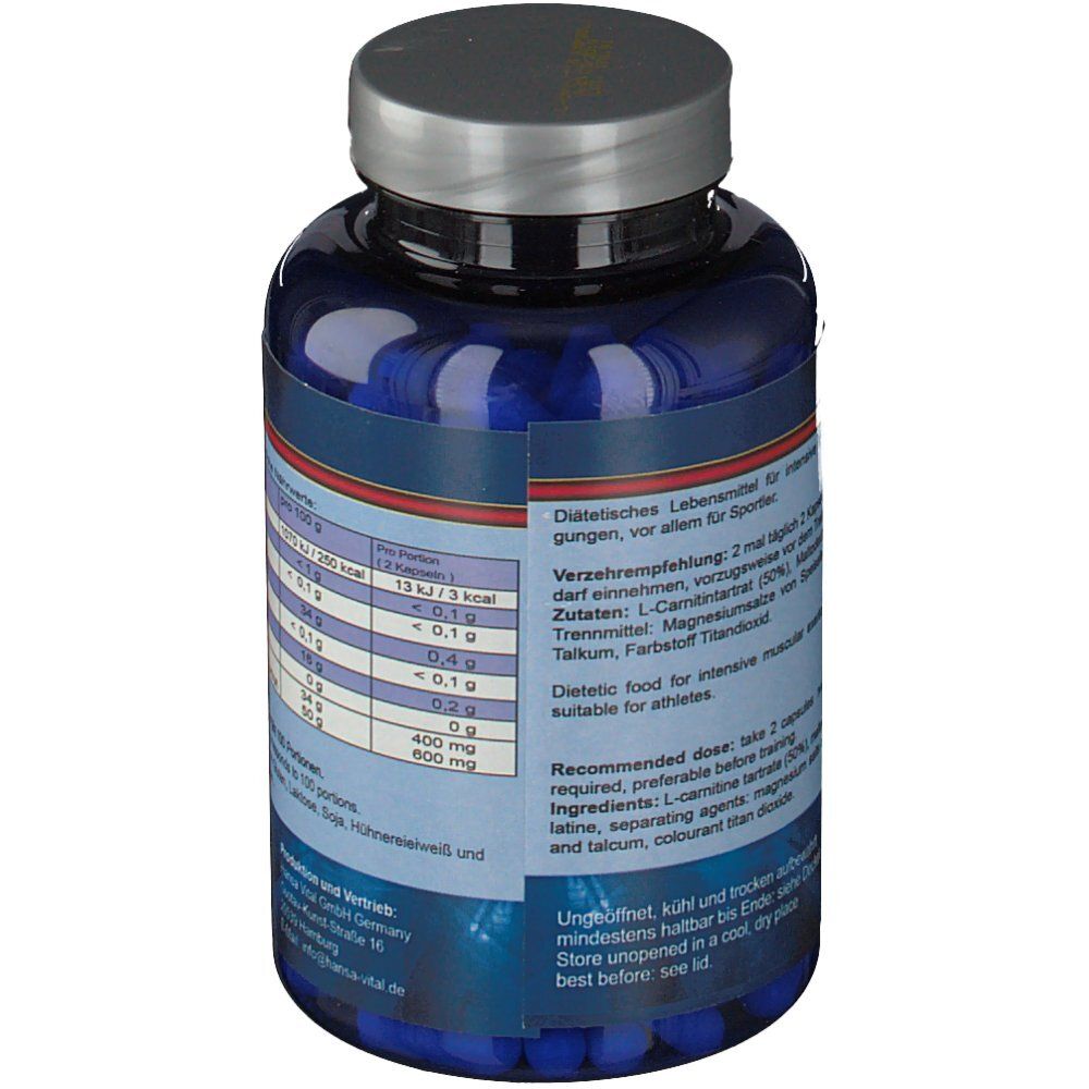 Blaue Flasche mit silbernem Deckel. Rückseite mit Nährwertangaben und Inhaltsstoffen. Text: L-Carnitin Kapseln. Marke: Hansa X Sport.