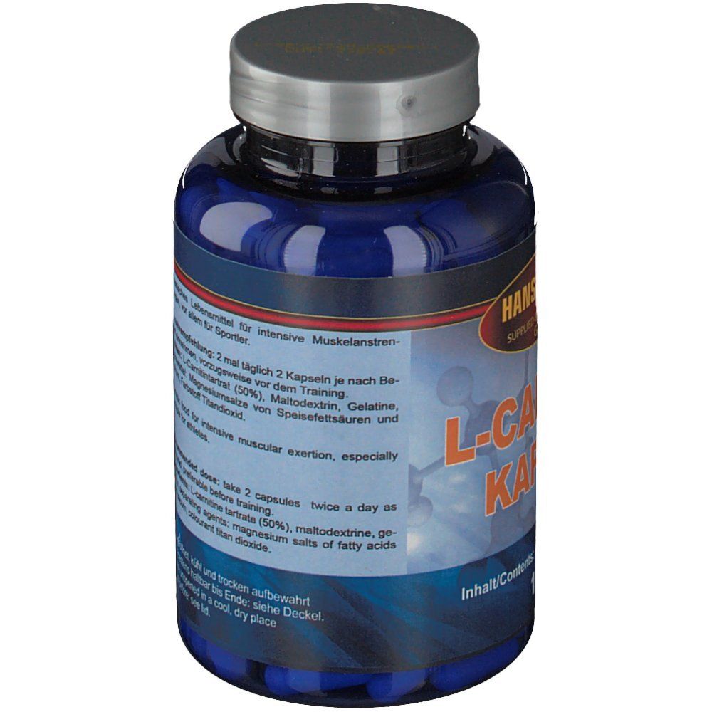 Blaue Flasche mit silbernem Deckel. Aufschrift: L-Carnitin Kapseln. Marke: Hansa X Sport. Text: Inhalt/Contents.