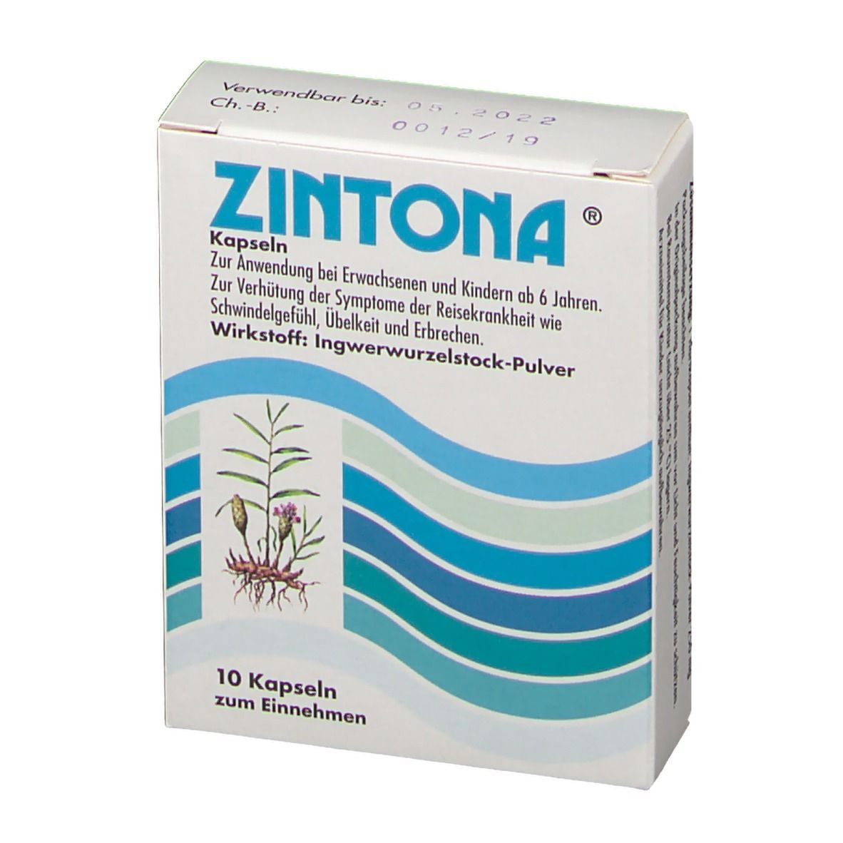 Weißer Karton mit blauer Wellenlinie. Aufschrift ZINTONA Kapseln. 10 Kapseln. Wirkstoff: Ingwerwurzelstock-Pulver.