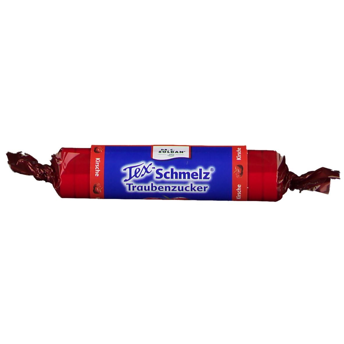 Rote, zylindrische Süßigkeit in Folie. Aufschrift: Tex-Schmelz Traubenzucker Kirsche.