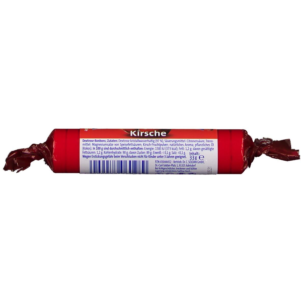 Rote, zylindrische Süßigkeit in Folie. Rückseite mit Zutatenliste und Nährwertangaben.
