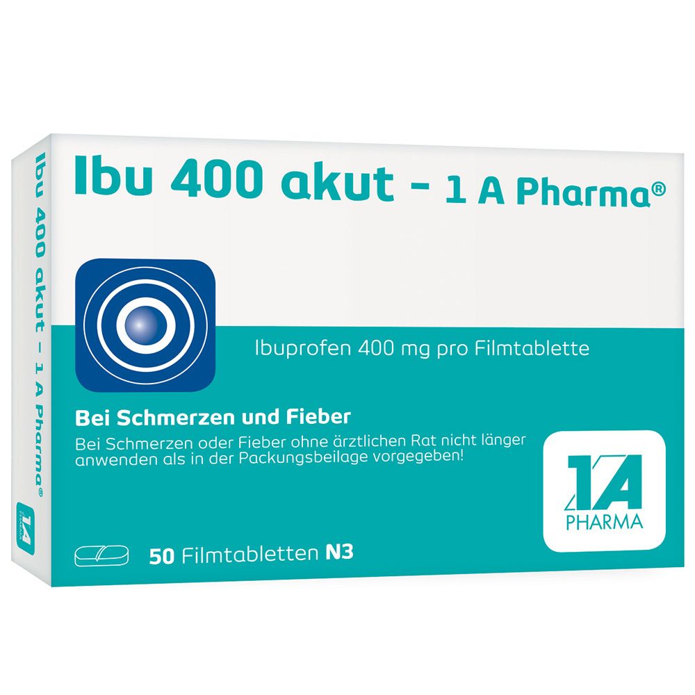 Schachtel mit Ibu 400 akut - 1 A Pharma®. Türkis-weißes Design. Text: Ibuprofen 400 mg pro Filmtablette. 50 Filmtabletten.