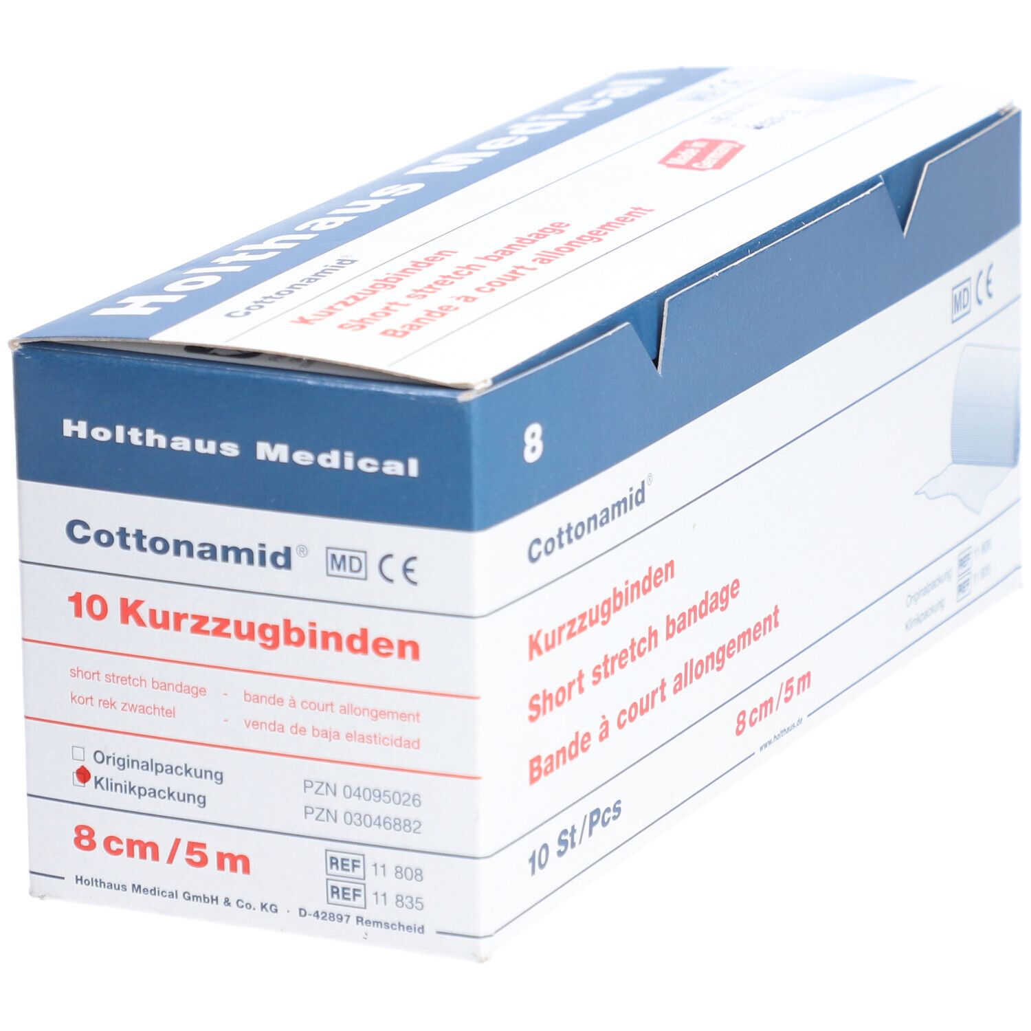 Verpackung von Cottonamid Kurzzugbinden. Enthält 10 Stück, 8 cm x 5 m. Aufdrucke: Kurzuzgbinden, Short stretch bandage, Bande à court allongement.
