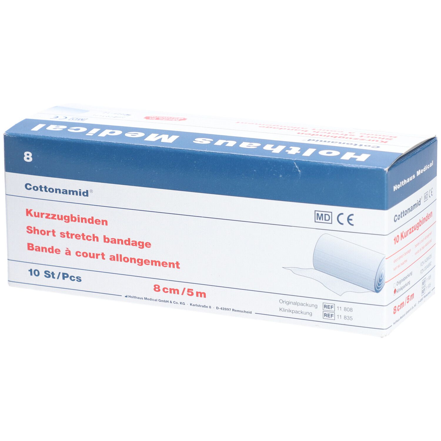 Verpackung von Cottonamid Kurzzugbinden. Enthält 10 Stück, 8 cm x 5 m. Aufdrucke: Kurzuzgbinden, Short stretch bandage, Bande à court allongement.