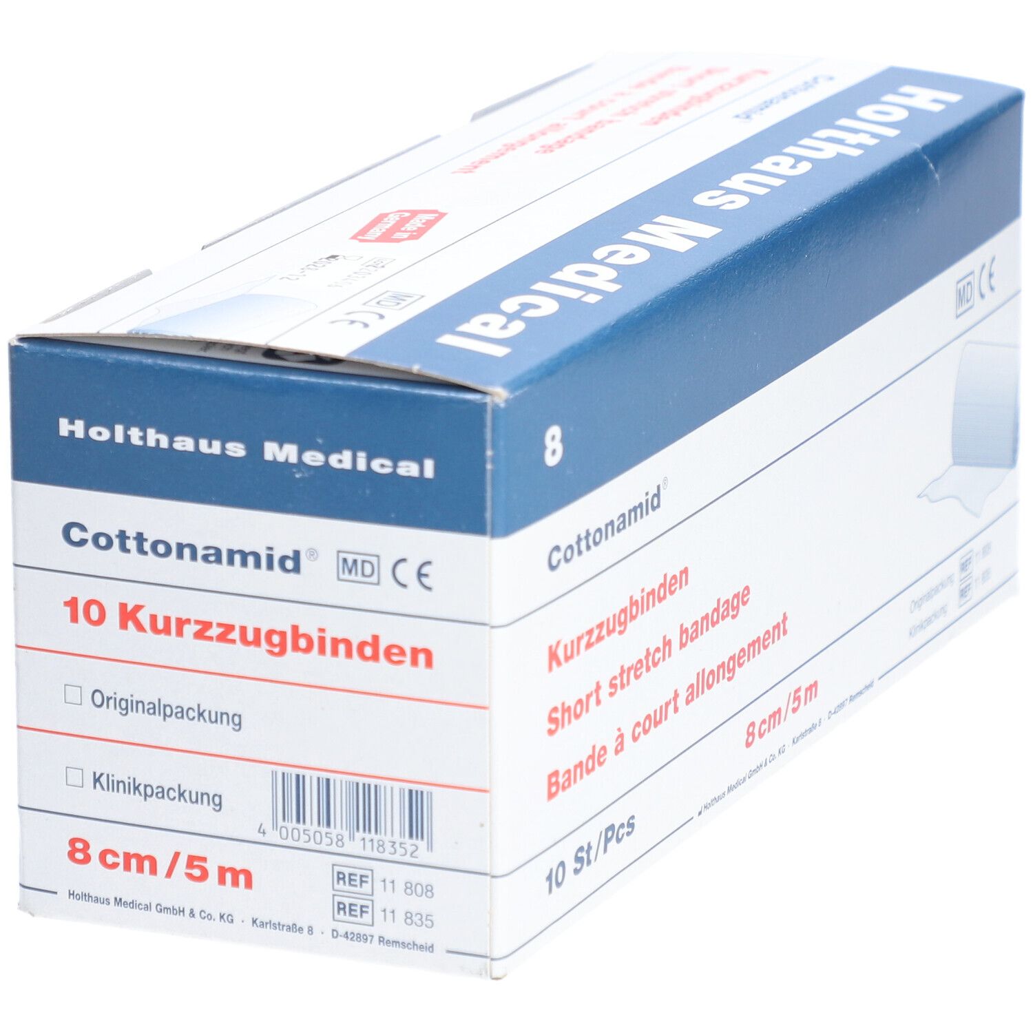 Verpackung von Cottonamid Kurzzugbinden. Enthält 10 Stück, 8 cm x 5 m. Aufdrucke: Kurzuzgbinden, Short stretch bandage, Bande à court allongement.