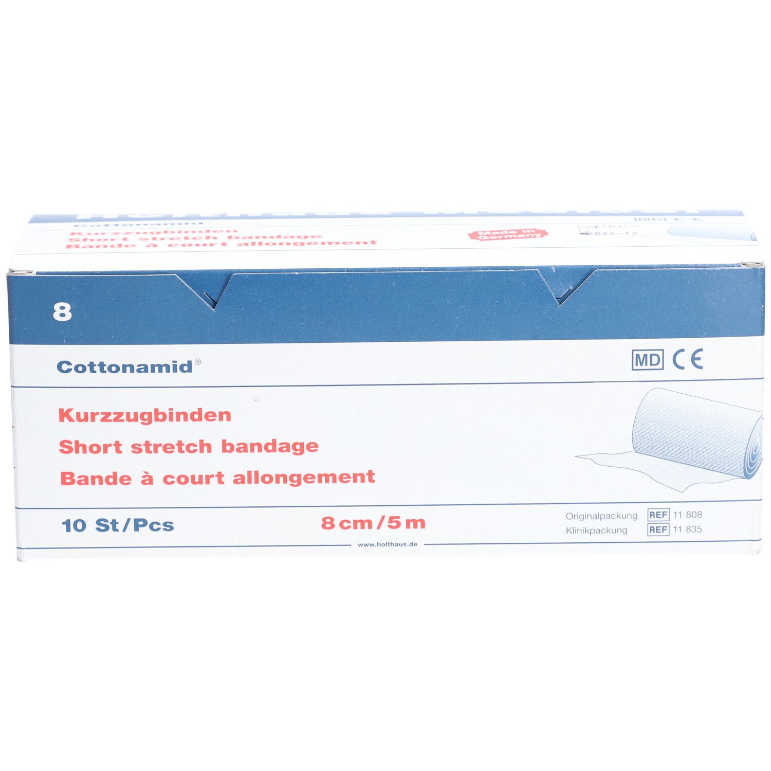 Verpackung von Cottonamid Kurzzugbinden. Enthält 10 Stück, 8 cm x 5 m. Aufdrucke: Kurzuzgbinden, Short stretch bandage, Bande à court allongement.