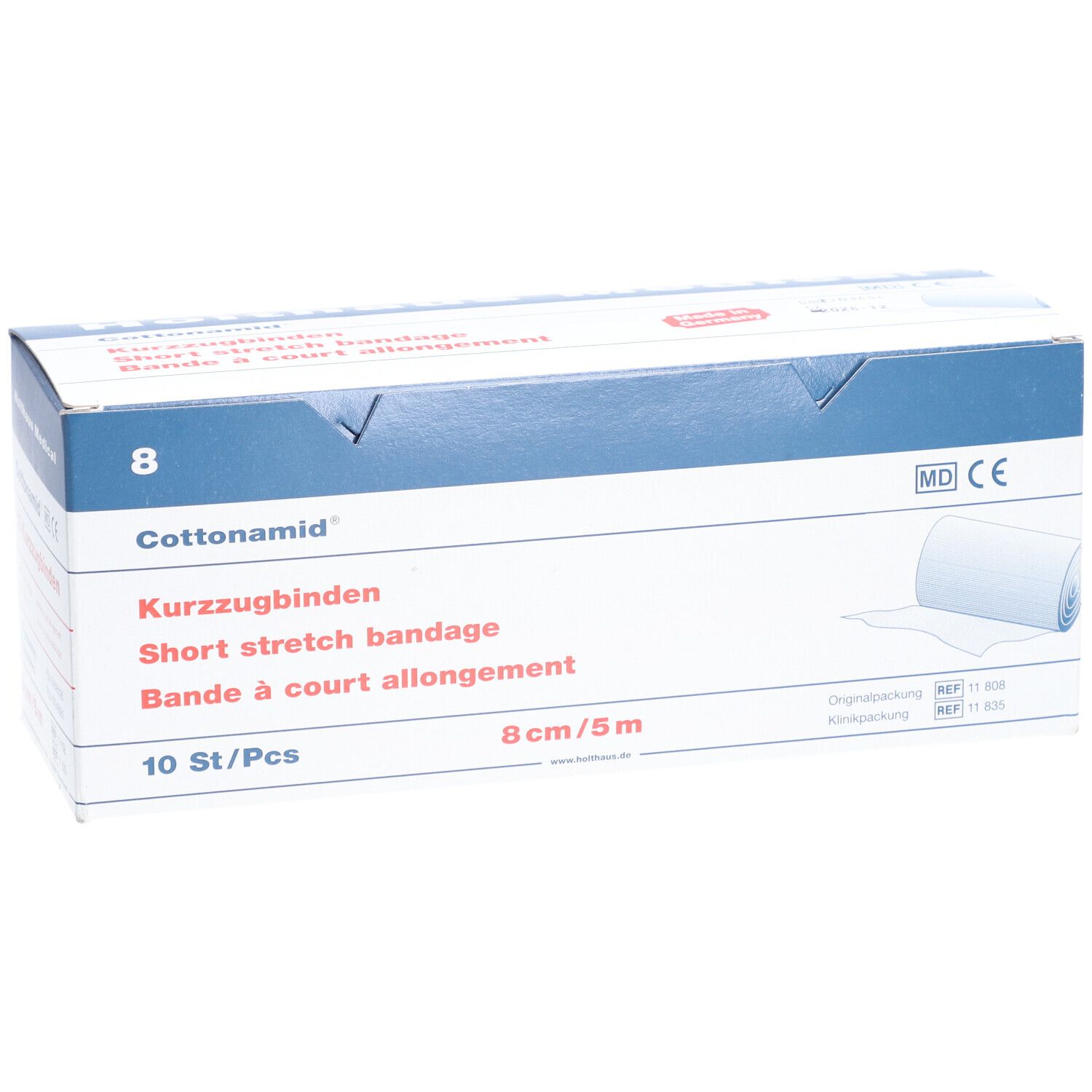 Verpackung von Cottonamid Kurzzugbinden. Enthält 10 Stück, 8 cm x 5 m. Aufdrucke: Kurzuzgbinden, Short stretch bandage, Bande à court allongement.