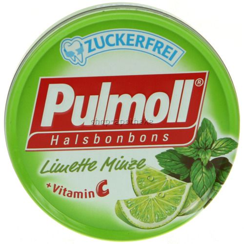 Runde Dose mit Pulmoll Halsbonbons. Grün, mit Schriftzug "Zuckerfrei" und "Pulmoll". Abbildung von Limettenscheiben und Minze.