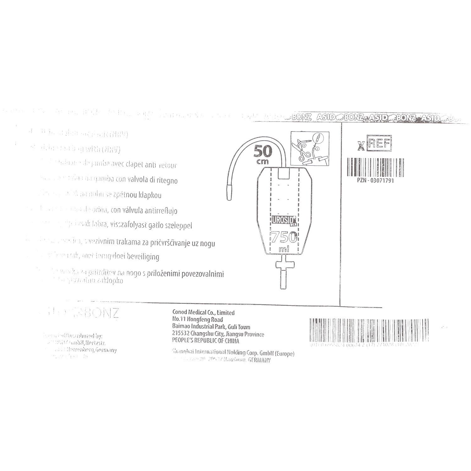 Skizze eines Beutels mit Schlauch. Beschriftung: 750 ml, 50 cm. Text und Barcode auf weißem Hintergrund.