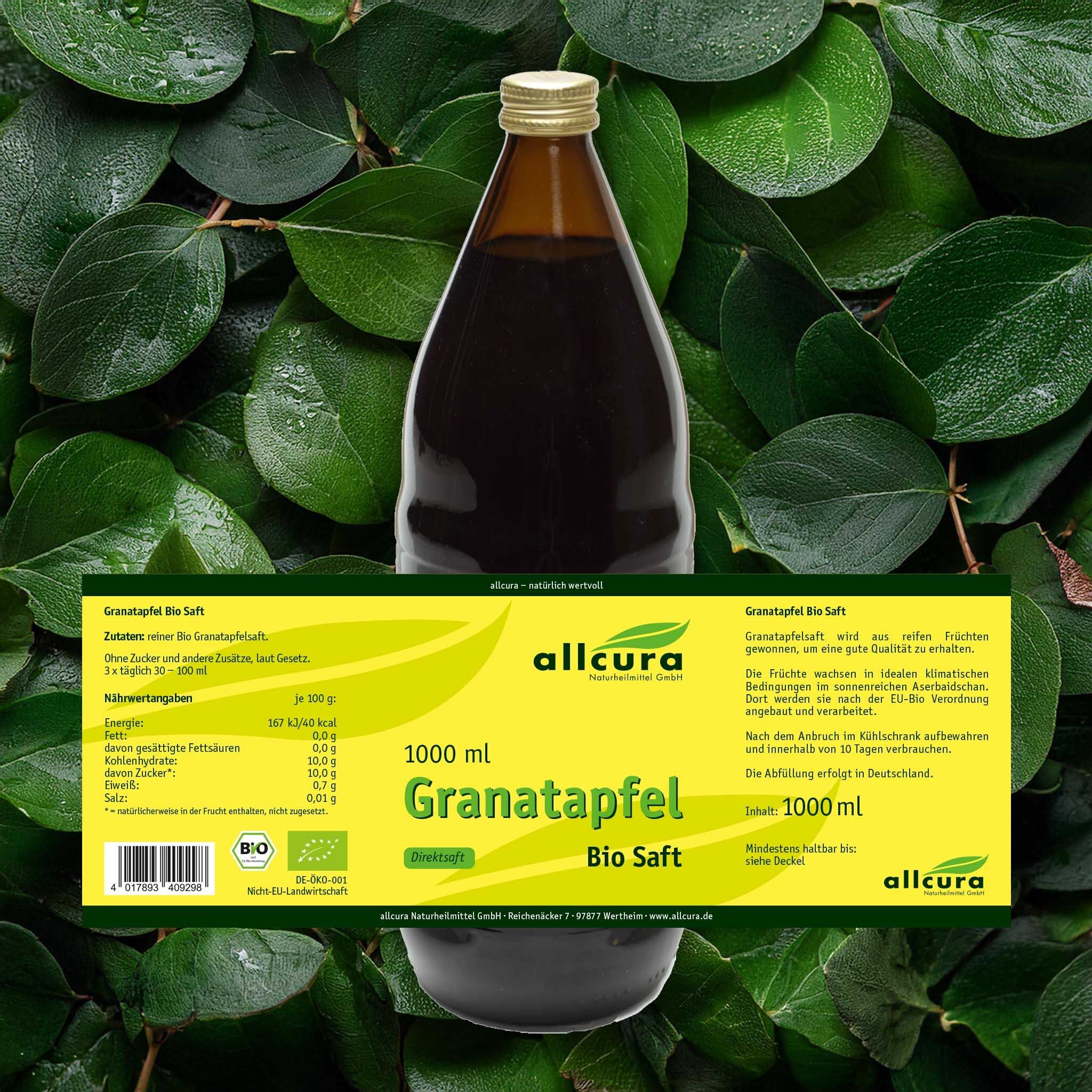 Braune Glasflasche mit Granatapfelsaft. Etikett mit Nährwertangaben und Bio-Siegel. Aufschrift: 1000 ml Granatapfel Bio Saft.