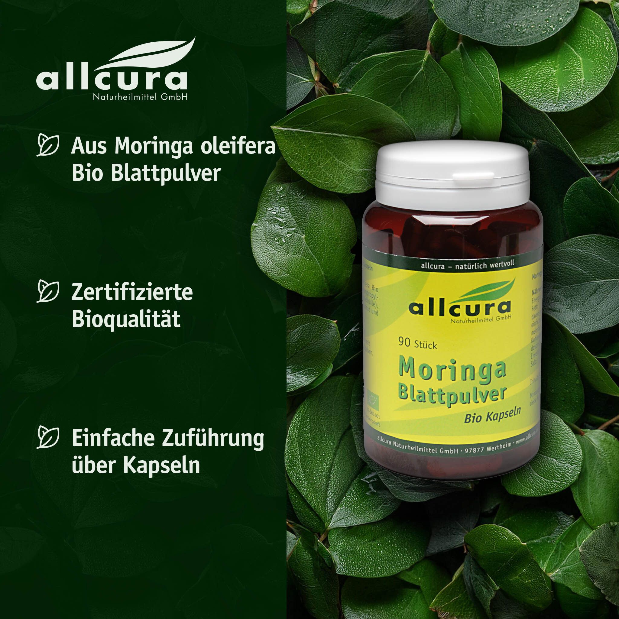 Flasche mit allcura Moringa Blattpulver Bio Kapseln. Text: Aus Moringa oleifera Bio Blattpulver, Bioqualität.