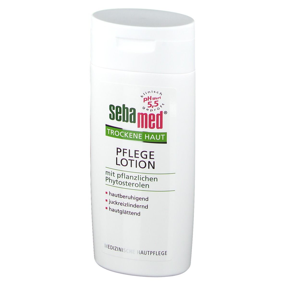 Weiße Flasche "sebamed Trockene Haut Pflegelotion". Text: hautberuhigend, juckreizlindernd, hautglättend. pH 5,5.