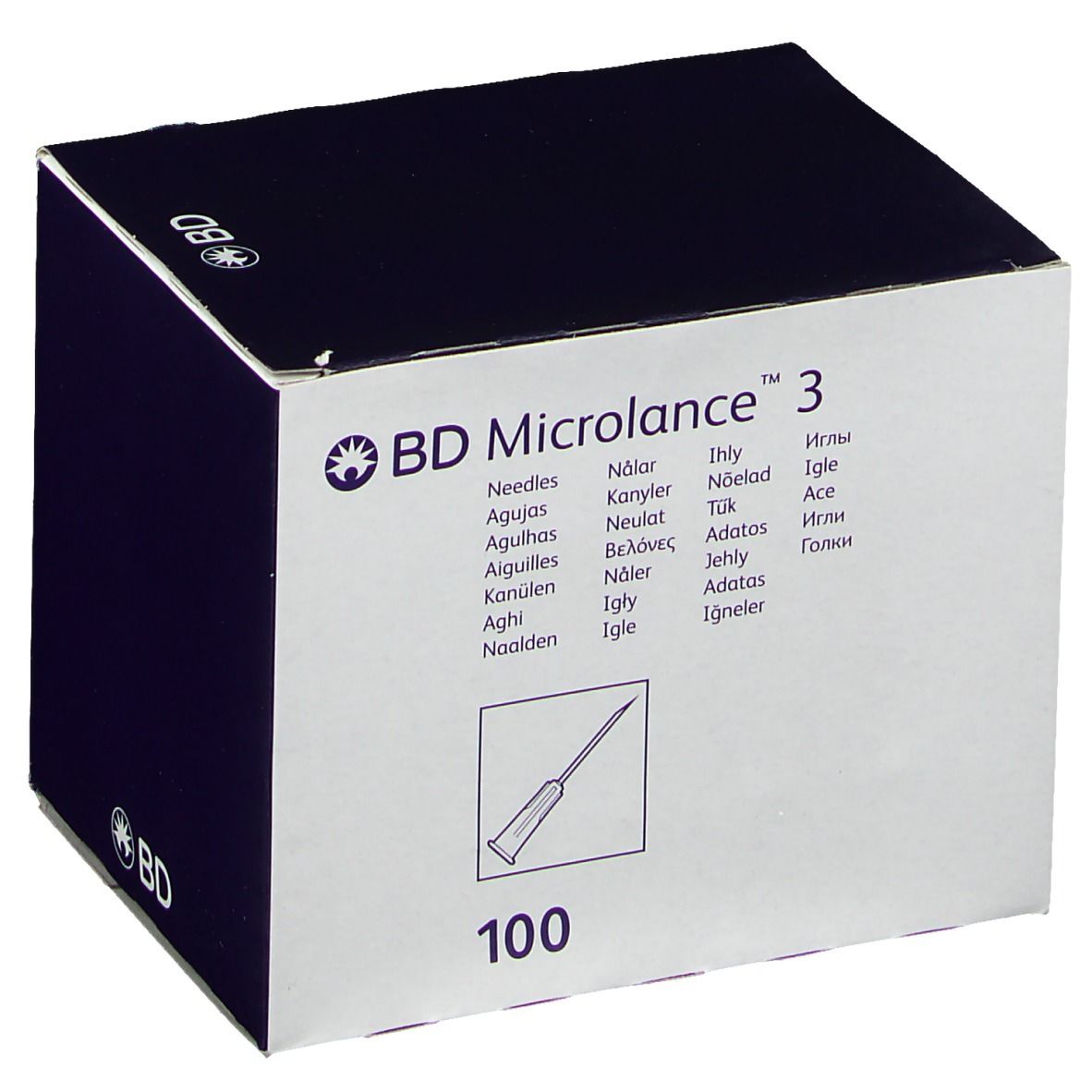 Verpackung von BD Microlance 3 Kanülen. Weißer Karton mit Produktlogo und Nadel-Illustration. Aufschrift: 100.