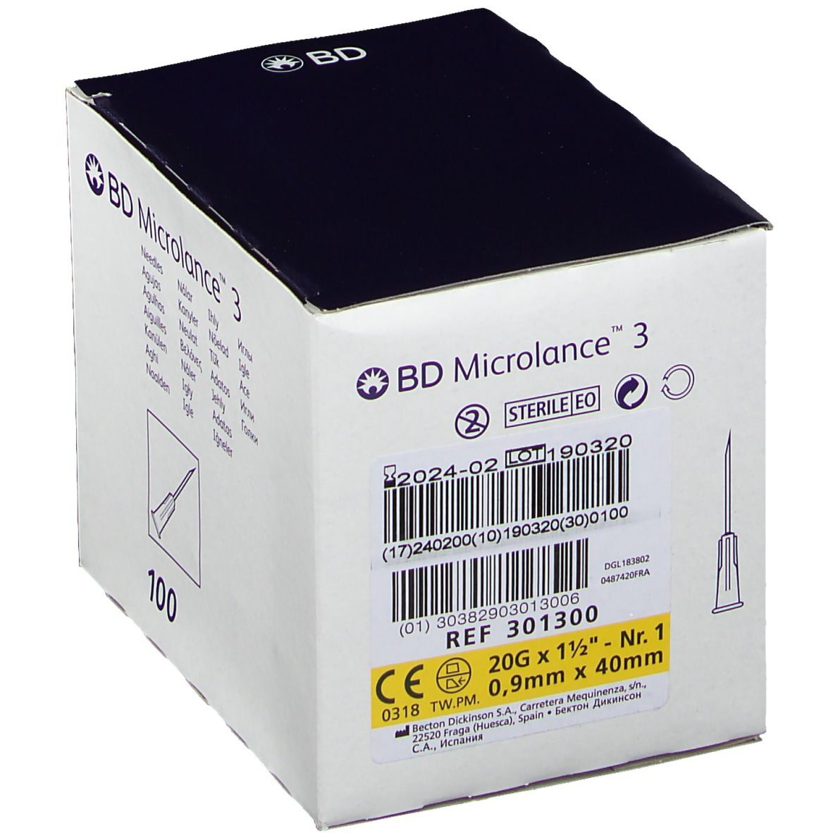 Verpackung von BD Microlance 3 Kanülen. Produktangaben: 20G 1 1/2 - Nr. 1, 0,9mm x 40mm. Barcode und Steril-Kennzeichnung.