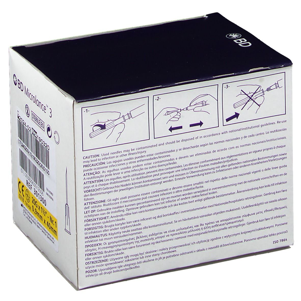 Rückseite der BD Microlance 3 Verpackung. Text über Vorsichtsmaßnahmen und Gebrauchsanweisungen. ISO 7884-Kennzeichnung.
