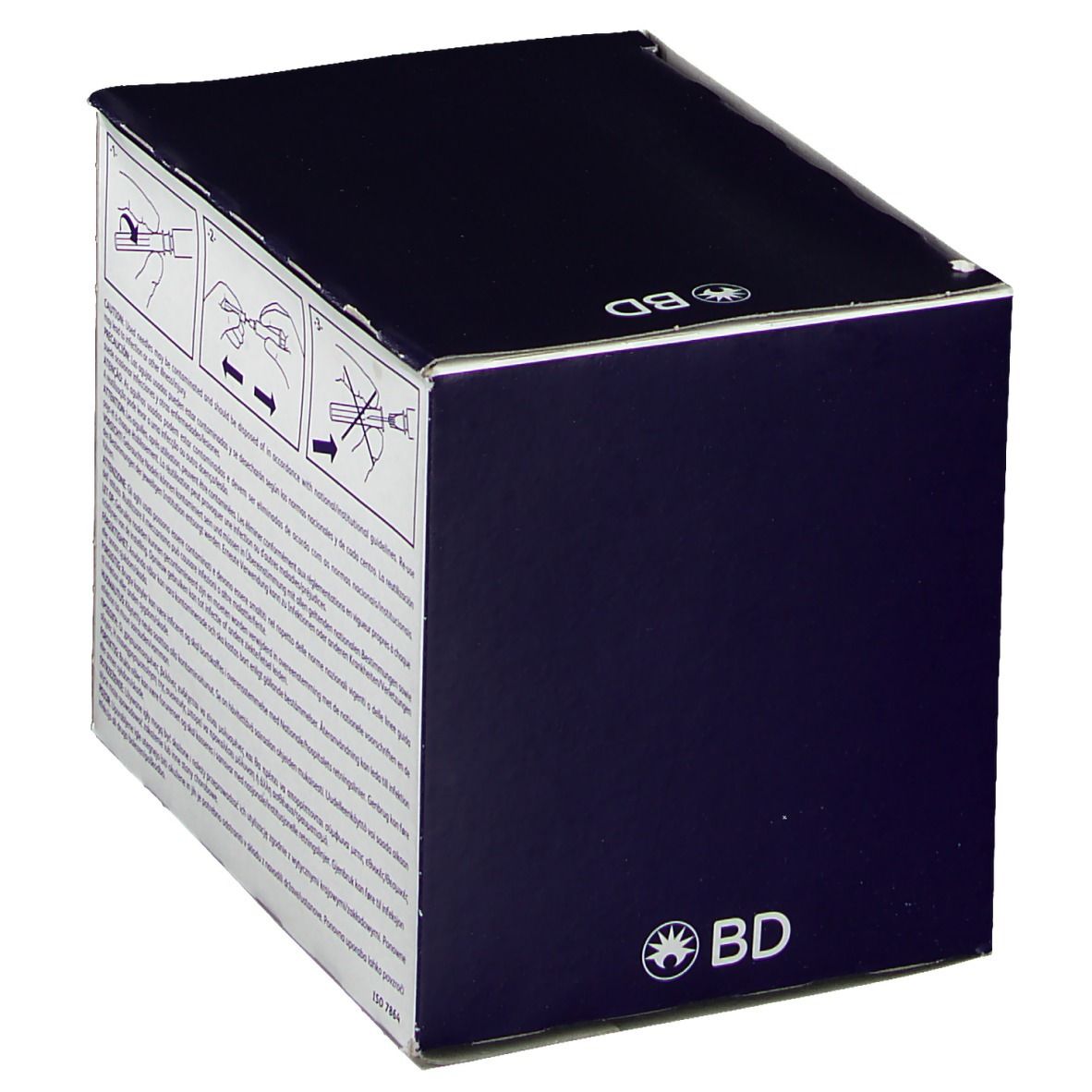 Seitenansicht der BD Microlance 3 Verpackung. Text und Piktogramme. Dunkelblauer Karton mit weißer Schrift.