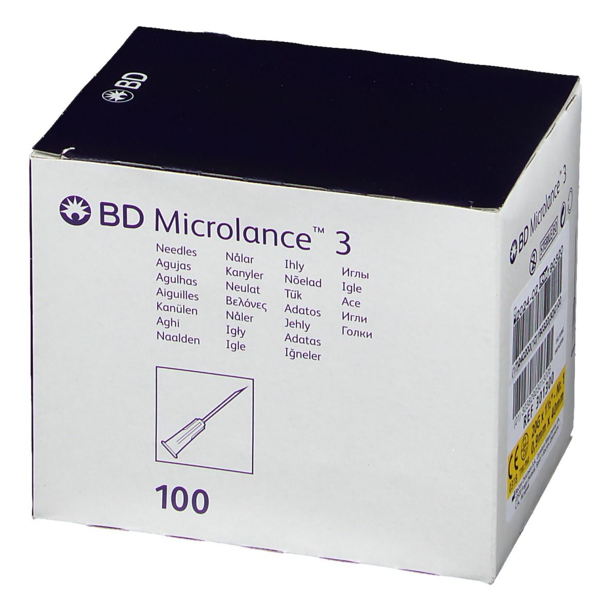 Verpackung von BD Microlance 3 Kanülen. Produktlogo, Nadel-Illustration und Aufschrift: 100. Barcode und Produktangaben.