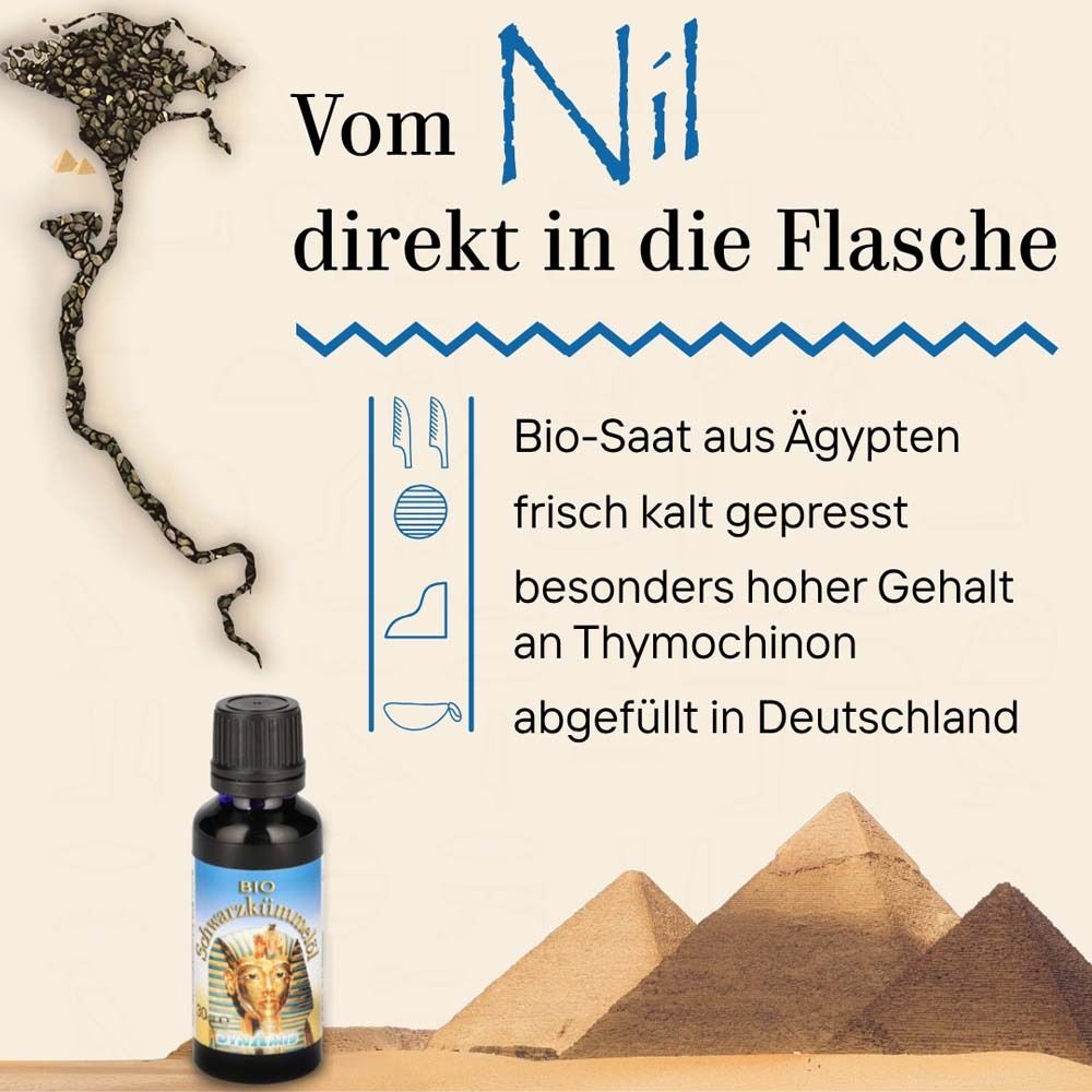 Werbetext mit Flasche BIO-Schwarzkümmelöl. Text: Bio-Saat aus Ägypten, frisch kalt gepresst, hoher Gehalt an Thymochinon.
