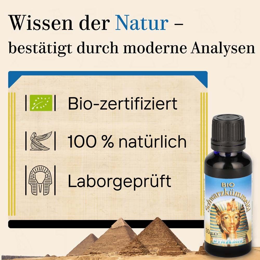 Werbetext mit Flasche BIO-Schwarzkümmelöl. Text: Bio-zertifiziert, 100% natürlich, laborgeprüft. Pyramiden im Hintergrund.