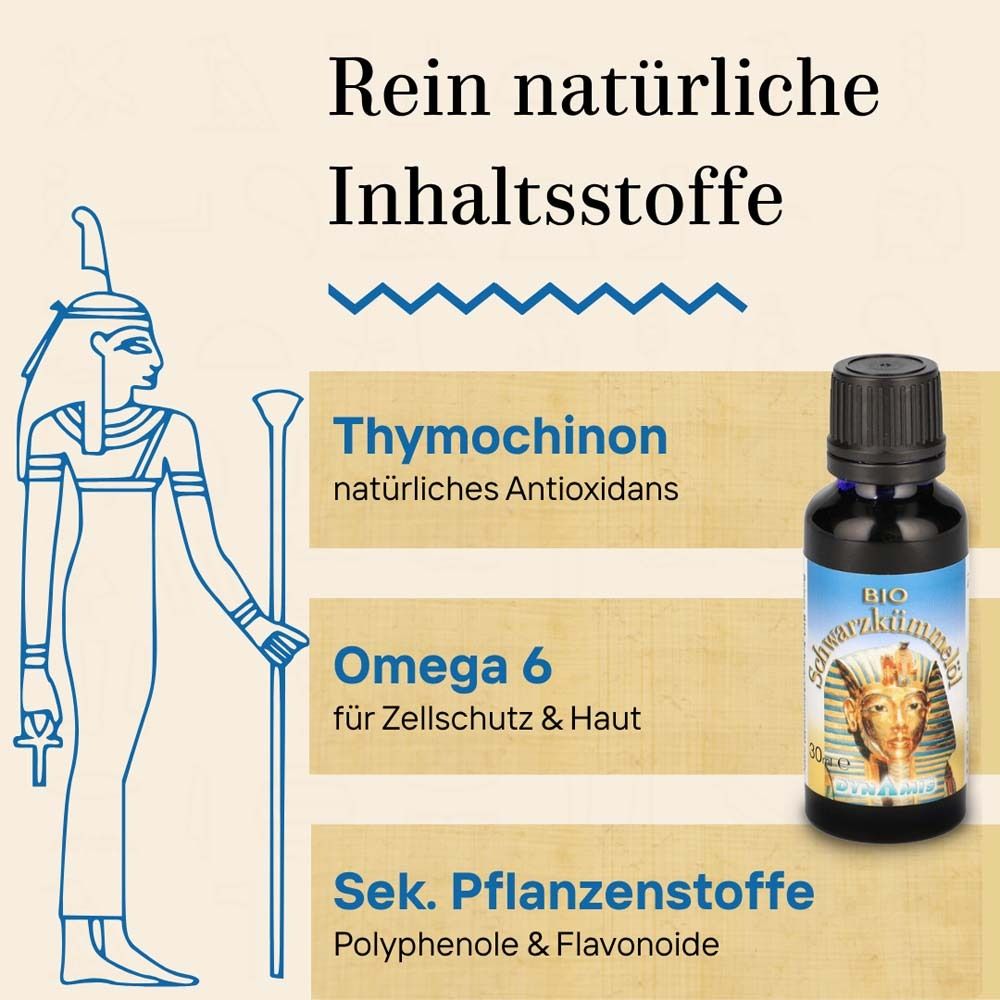 Grafik mit Flasche BIO-Schwarzkümmelöl. Text: Thymochinon, Omega 6, Sek. Pflanzenstoffe. Ägyptische Figur.