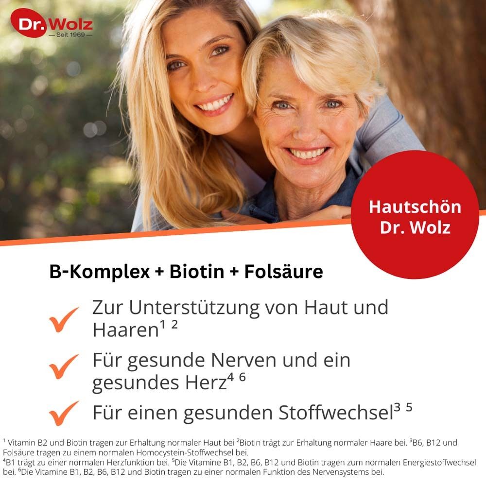 Zwei Frauen lächeln. Roter Kreis mit Text: Hautschön Dr. Wolz. Text: B-Komplex + Biotin + Folsäure.