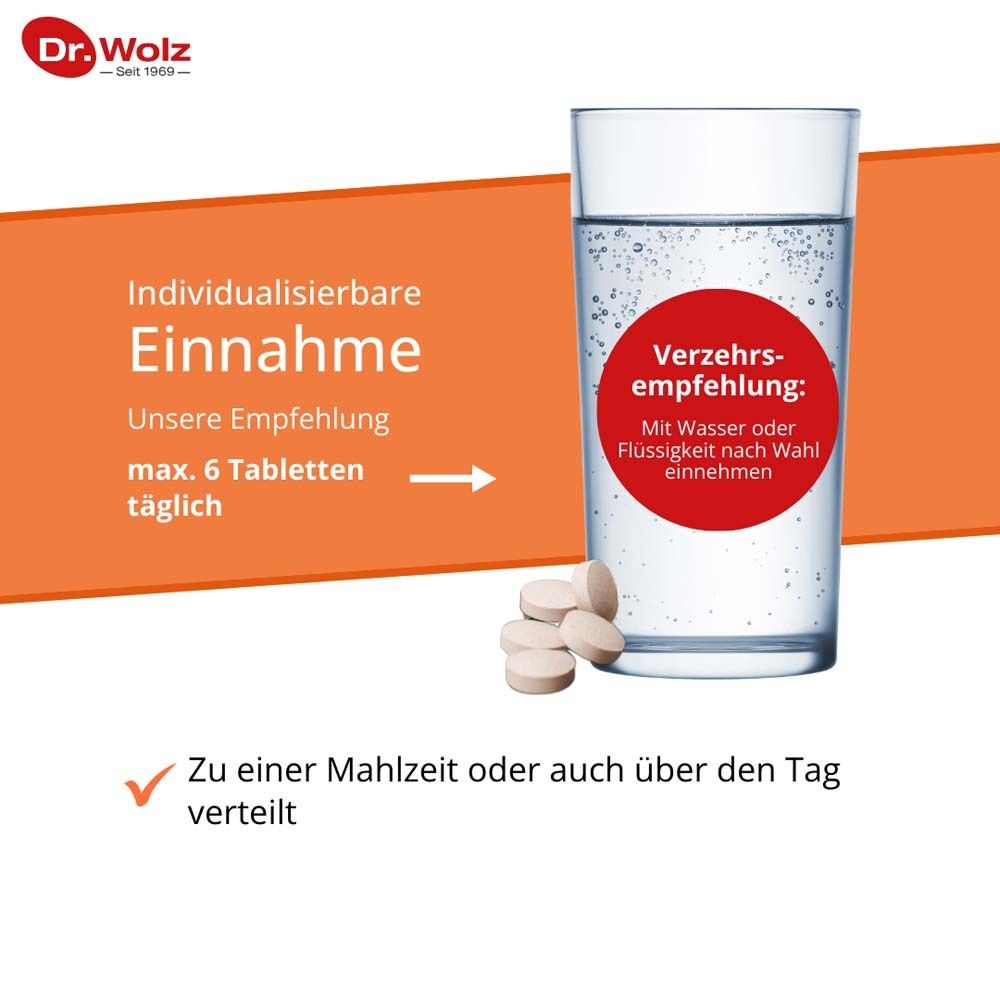 Glas Wasser mit Tabletten. Text: Einnahme: max. 6 Tabletten täglich. Verzehrempfehlung: Mit Wasser oder Flüssigkeit.