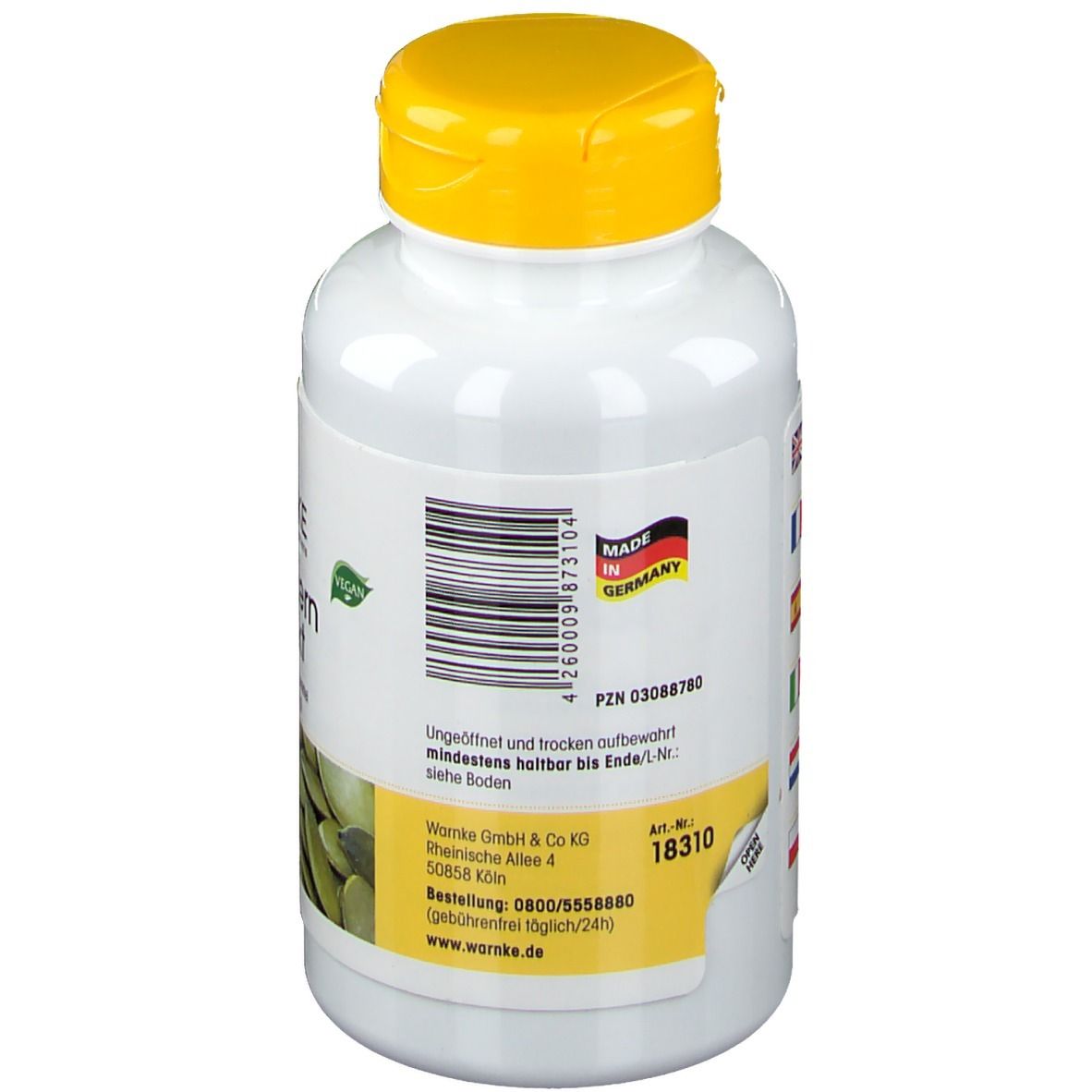 Rückseite der weißen Flasche mit gelbem Deckel. Barcode, Made in Germany-Siegel. Gelbes Etikett mit Text und Logo.