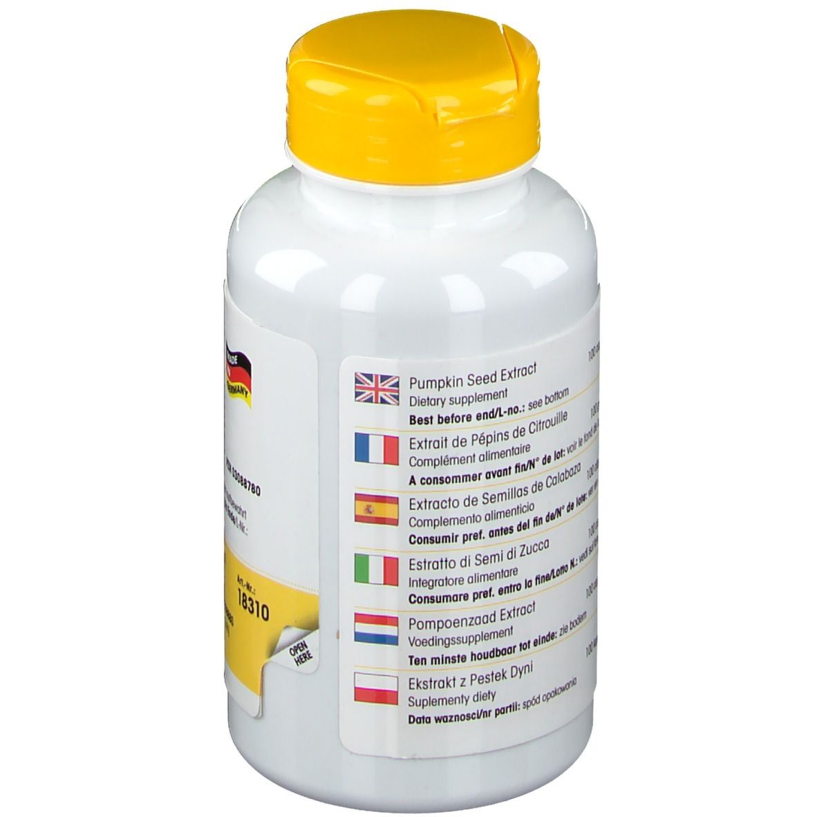 Rückseite der weißen Flasche mit gelbem Deckel. Mehrsprachige Produktinformationen. Made in Germany-Siegel.