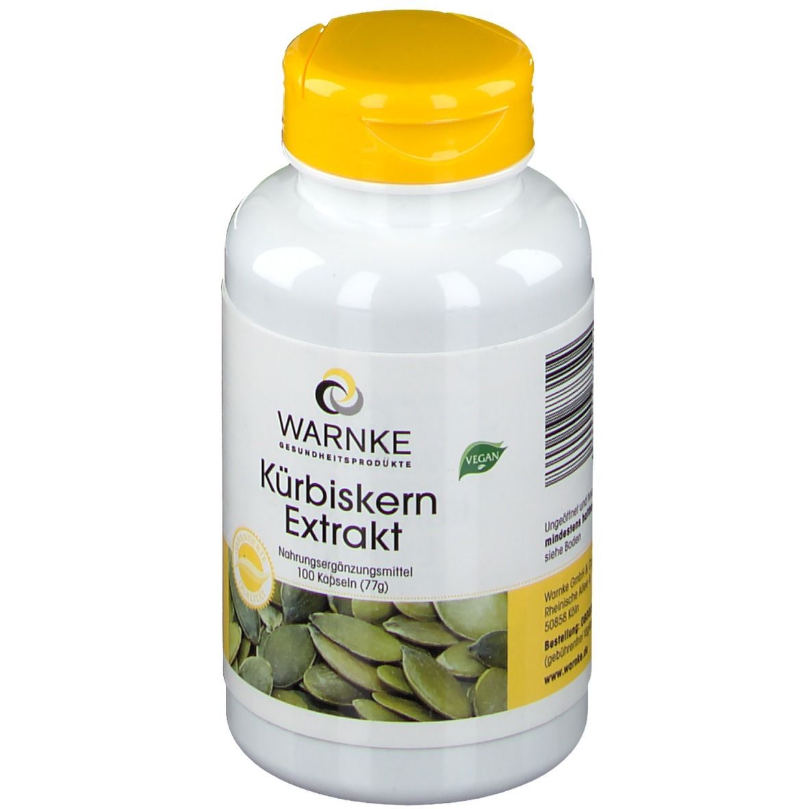 Weiße Flasche mit gelbem Deckel. Aufschrift: WARNKE Kürbiskern Extrakt. Vegan-Siegel. Abbildung von Kürbiskernen.
