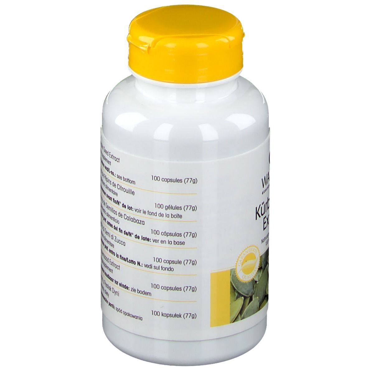 Rückseite der weißen Flasche mit gelbem Deckel. Mehrsprachige Produktinformationen. 100 Kapseln (77g).