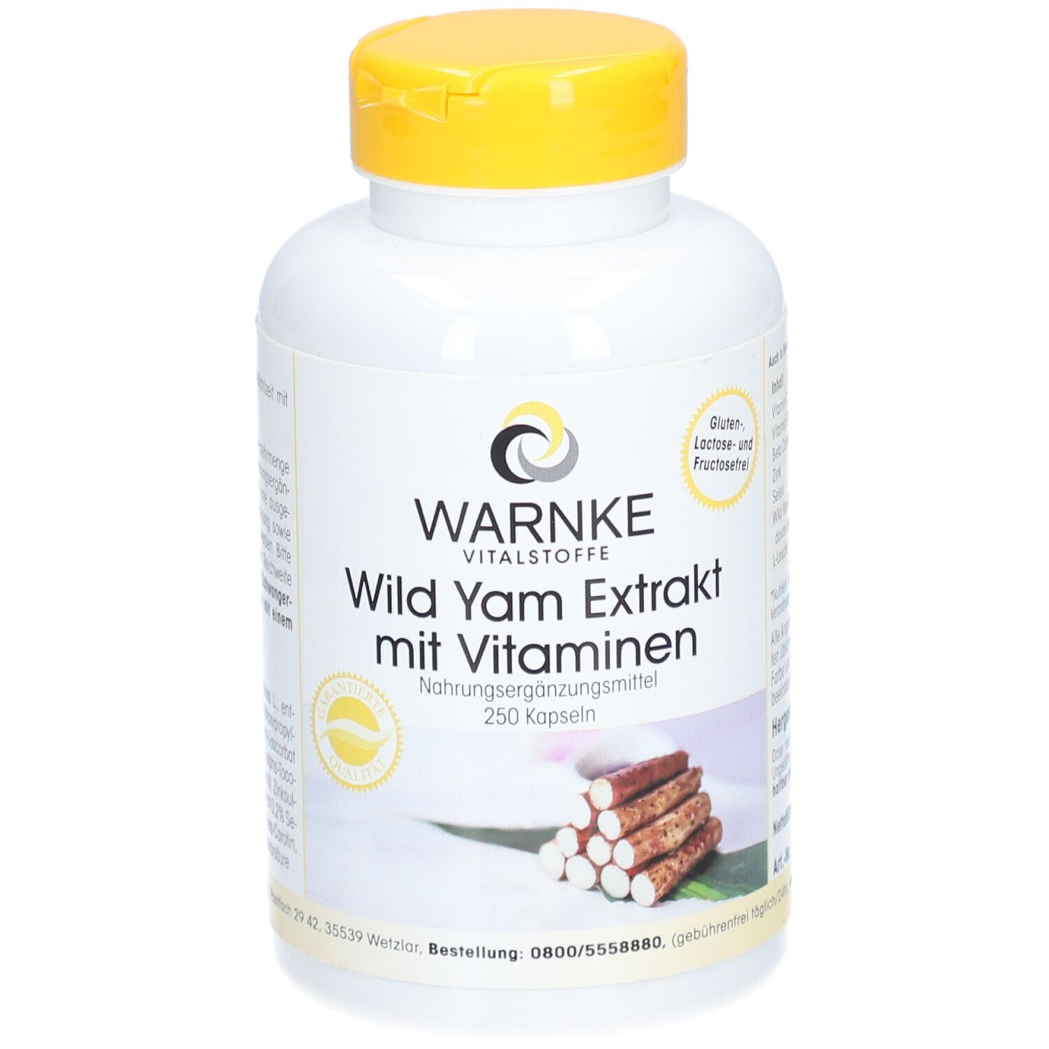 Weiße Flasche mit gelbem Deckel. Aufschrift: WARNKE Wild Yam Extrakt mit Vitaminen. 250 Kapseln.